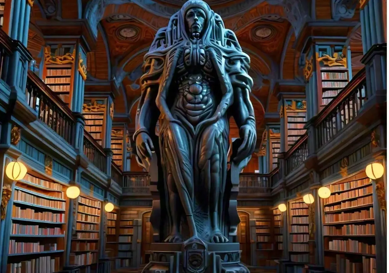 Detailed 3D sculpture of an intricate, humanoid figure displayed in a grand library, created by EXPOSIT Transformative 3D Art Modelling Studio.