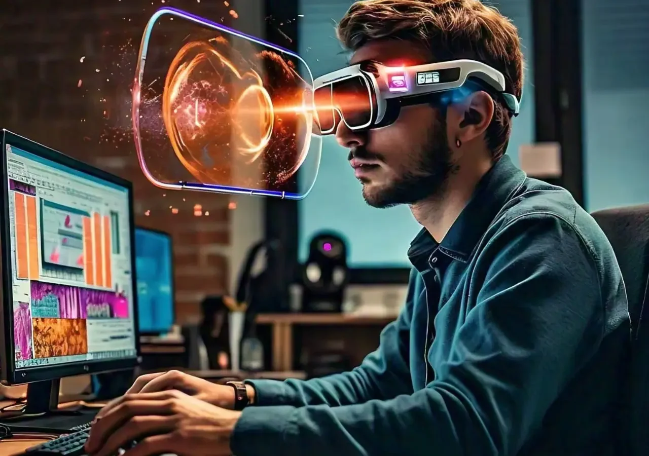 ar modeling headset to create a custom AR model on a computer, showcasing the integration of 3D AR technology for industry-specific immersive experiences.